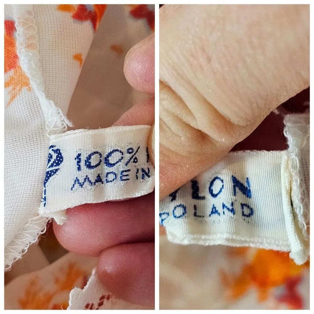 VTG Sheer‎ White Orange Floral Full Slip Sz M Lace Trim Poland 60s 70s Nylon